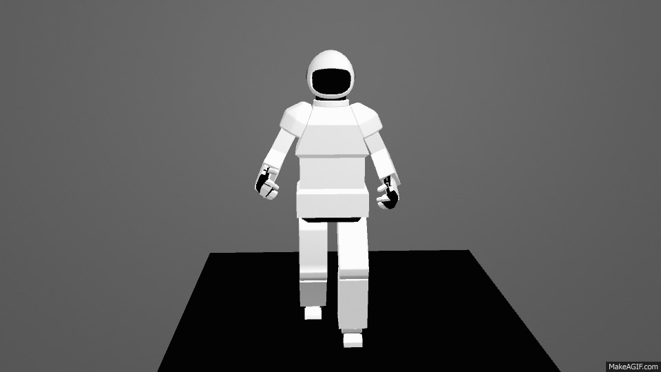 A white astronaut walks on a black platform in a gray setting. The suit is bulky with dark details, and the mood is neutral.