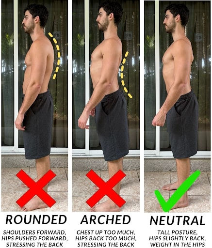 Man demonstrates three postures: rounded, arched, neutral. Neutral stance highlighted with a green check, others marked with red X's. Background is indoors.