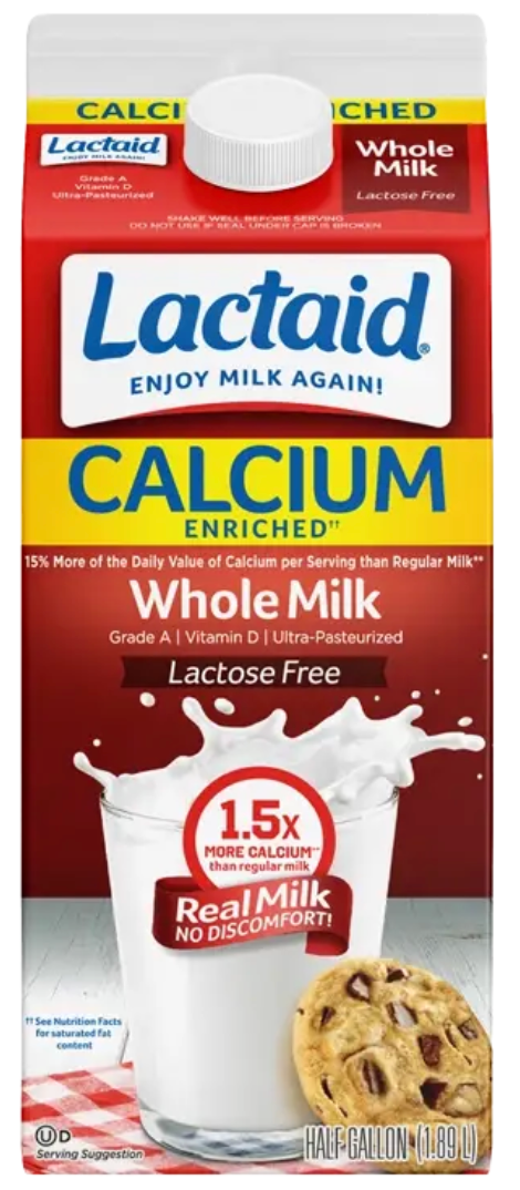 Lactaid milk carton with "Calcium Enriched" label, showing a splashing glass of milk, cookie, and text "1.5x More Calcium, Lactose Free."