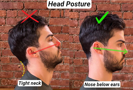 Split image showing two head postures against a brick wall: incorrect posture with "Tight neck" text, and correct with "Nose below ears".