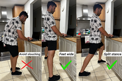 Man in palm tree shirt using laptop on kitchen counter; three panels show posture tips: avoid slouching, feet wide, split stance.