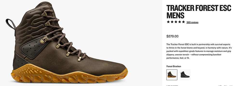 Brown hiking boot with textured sole on left; product details on right: "Tracker Forest ESC Mens," $270, 5-star rating with 350 reviews.