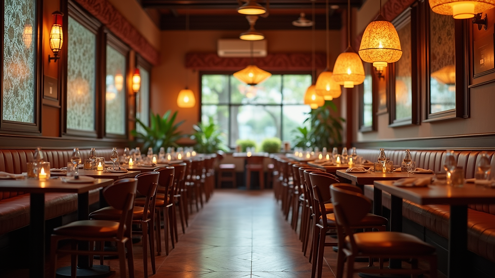 Eye-level view of a Thai restaurant interior with traditional decor