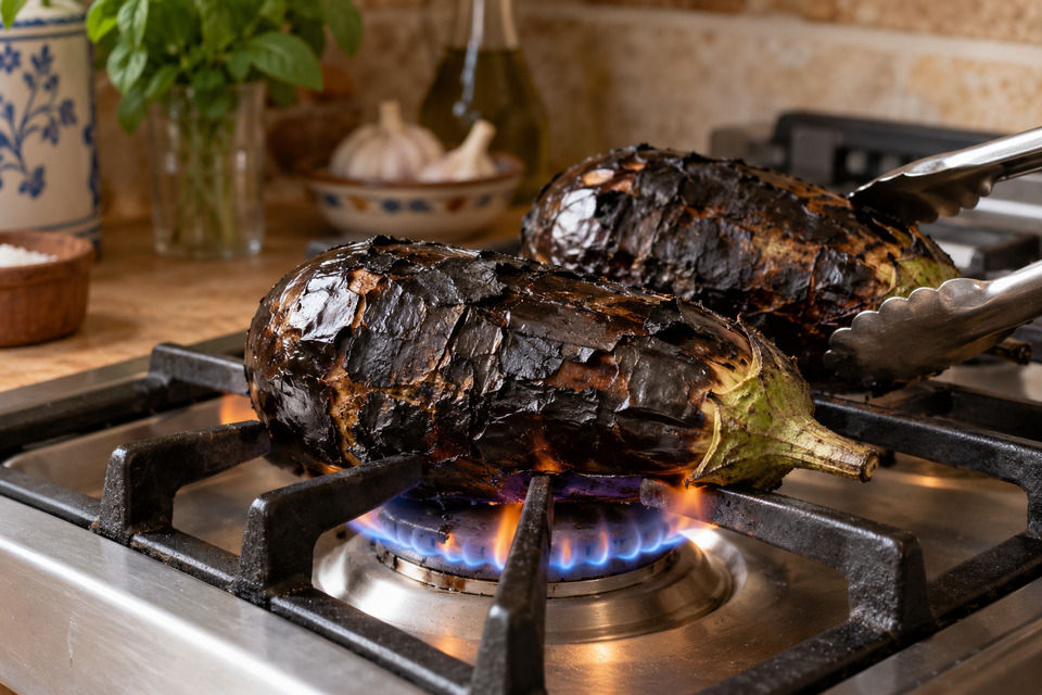 Charring the whole eggplants directly over the flame