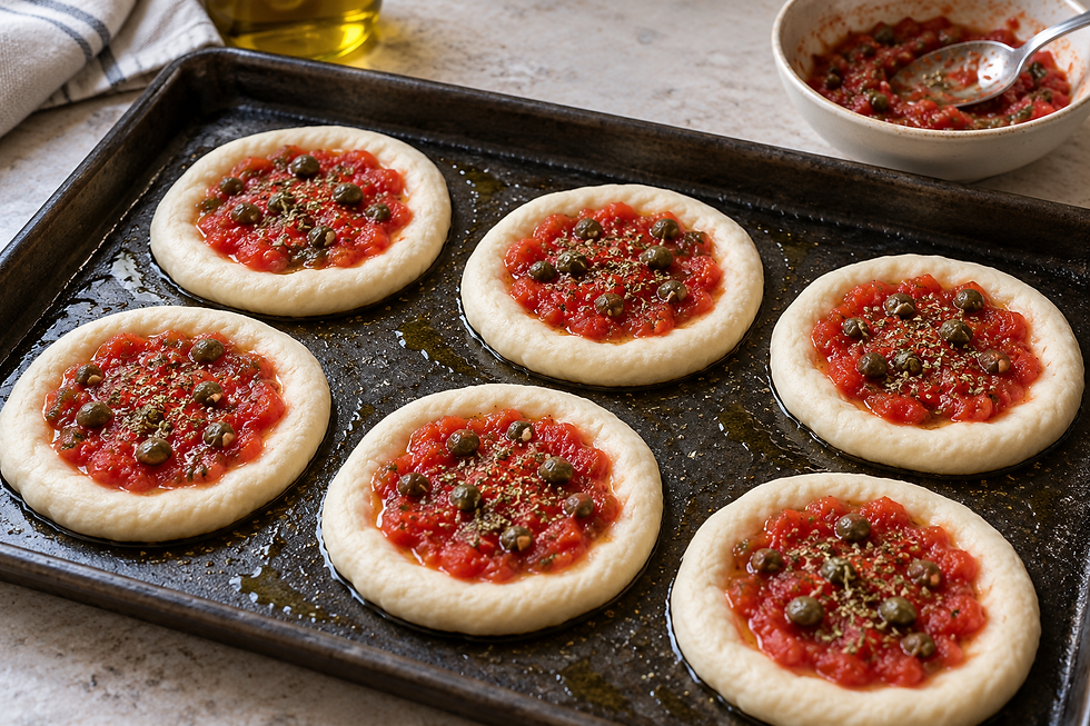 Raw pizzette topped with crushed tomato, capers and oregano on baking trays.