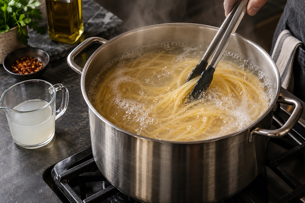 Spaghetti cooking in boiling salted water with cloudy pasta water reserved nearby