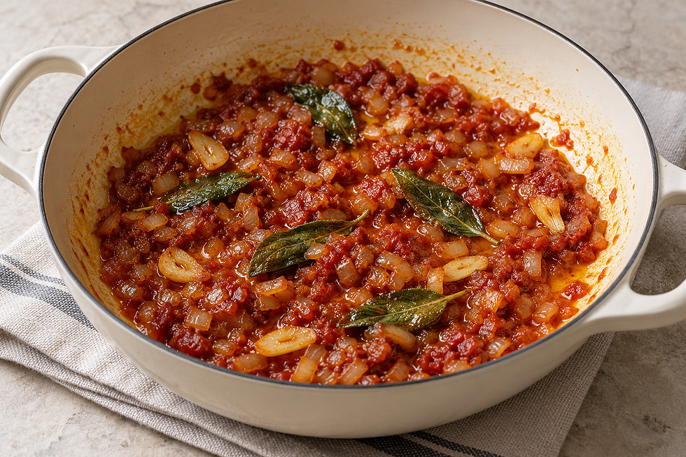 Soft onion, thinly sliced garlic and sage with tomato paste incorporated into the olive-oil soffritto.