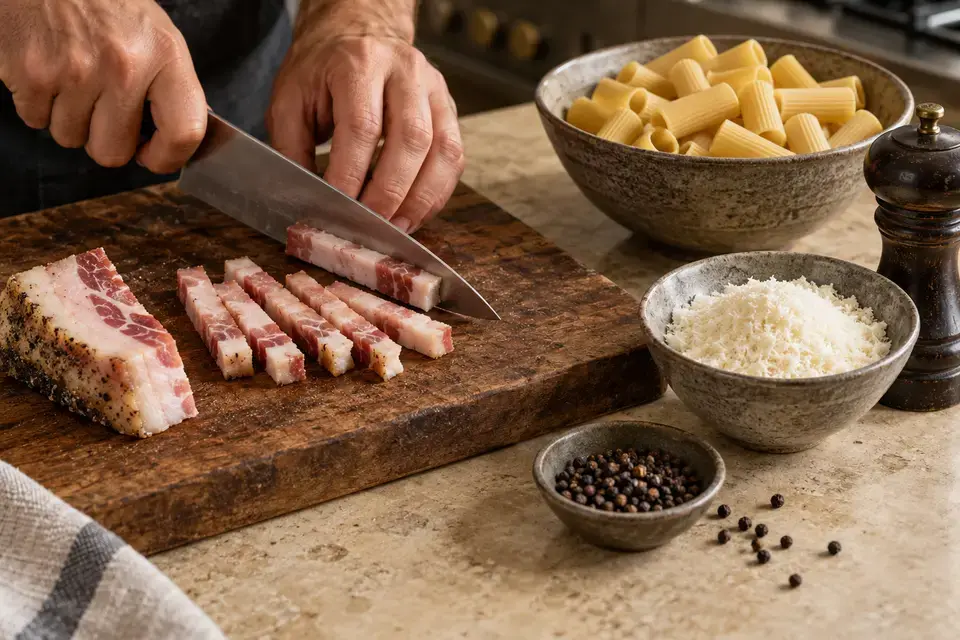 Pasta alla Gricia step 1: preparing guanciale, Pecorino Romano, black pepper, and rigatoni