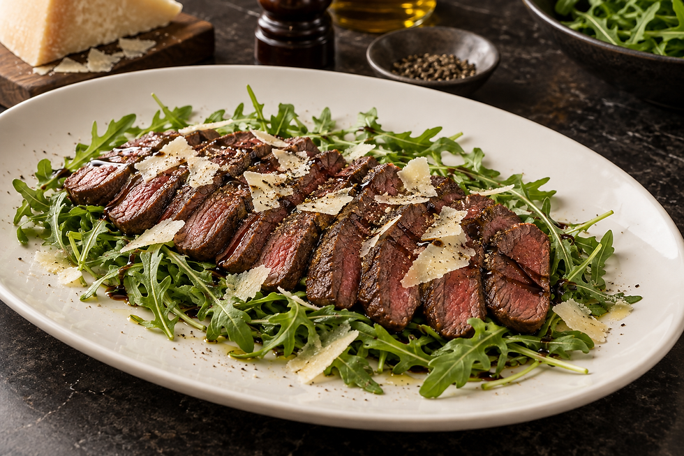 Finished horse meat tagliata with arugula Parmigiano and balsamic vinegar