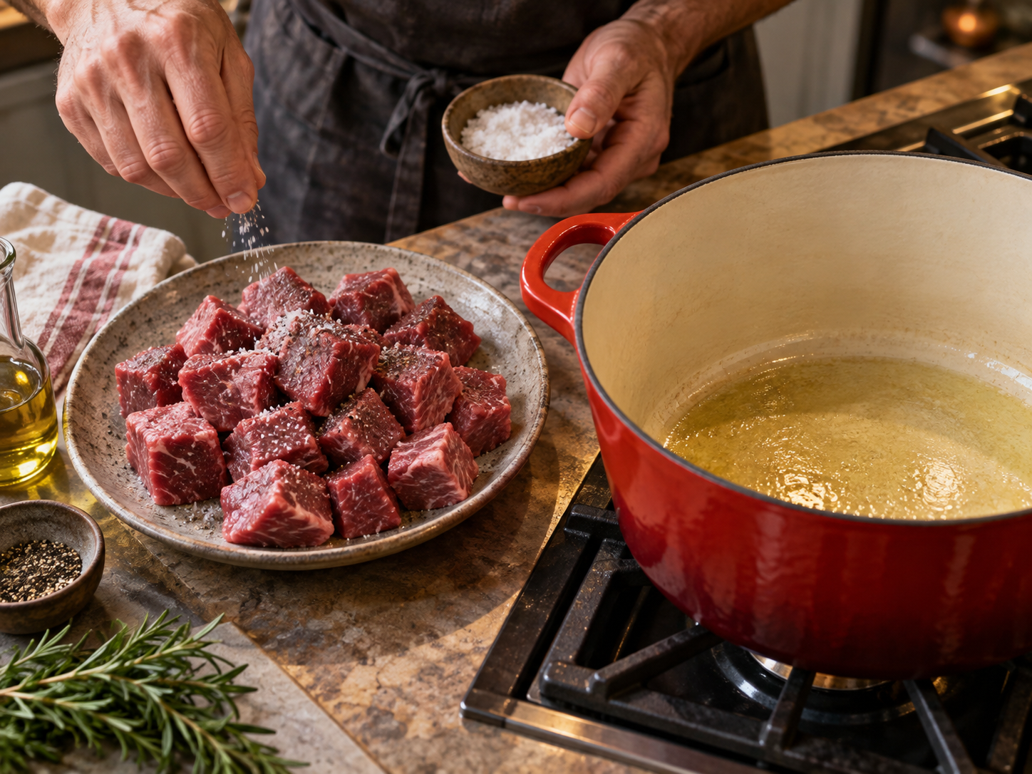 Gulasch Triestino step 1: trimming and seasoning the beef cubes