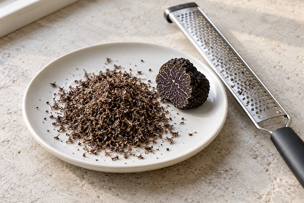 Finely grated black winter truffle on a plate with the reserved whole piece.