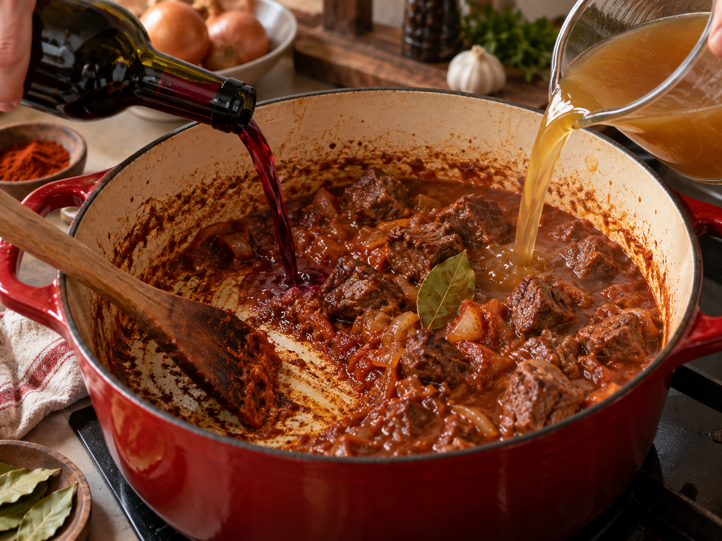 Gulasch Triestino step 4: deglazing with red wine and returning the beef to the pot