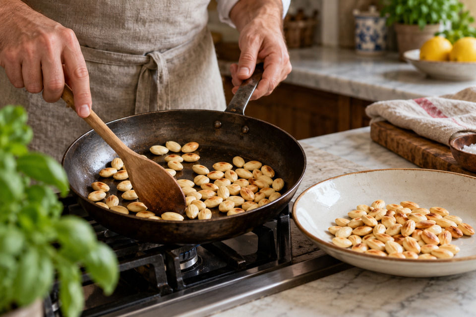 Toasting the sliced almonds to pale gold