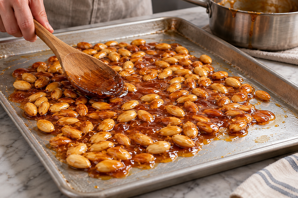 Warm toasted whole blanched almonds coated in deep amber caramel are spread thinly on a lightly oiled tray with a wooden spoon.