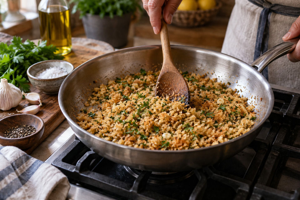 Toasting the breadcrumbs with garlic in olive oil