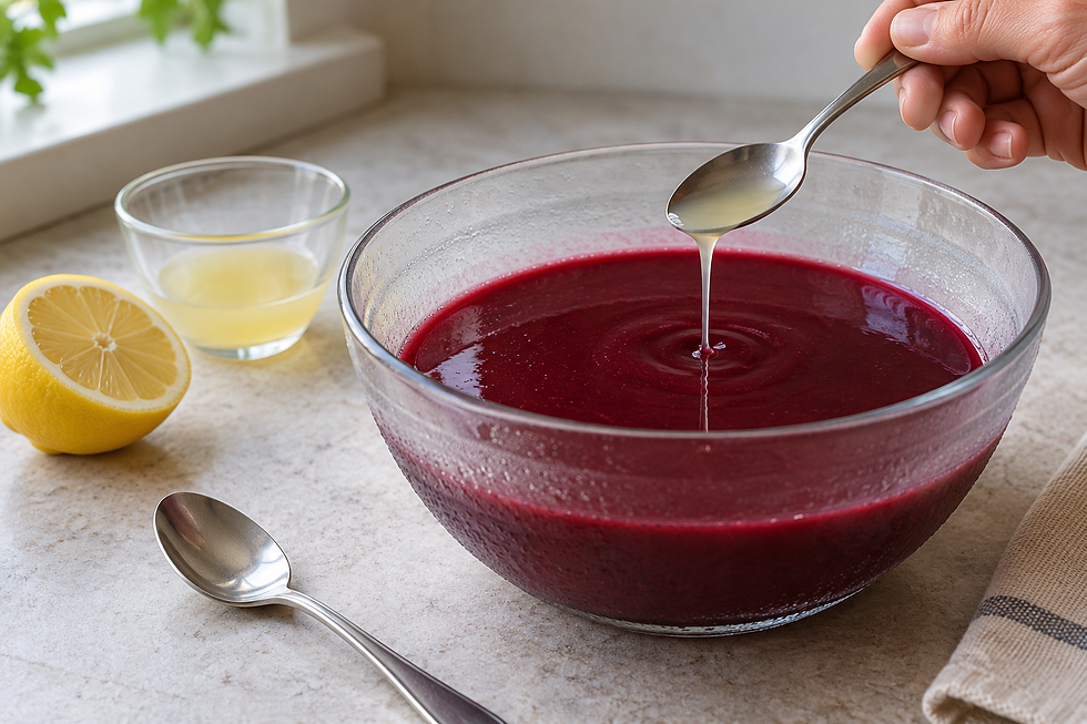 Strained lemon juice added to the cold mixed berry sorbet base.