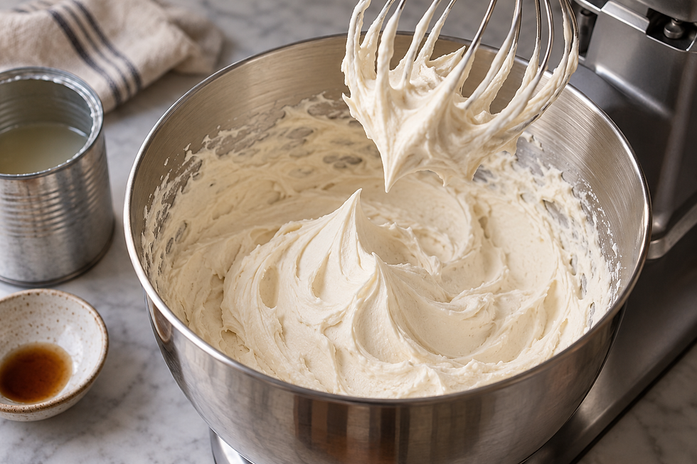 Cold coconut cream whipped with smooth white almond butter forms firm pale ivory peaks without graininess or separated liquid.