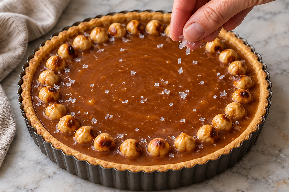 Flaky sea salt is scattered over the set caramel tart with a ring of whole roasted hazelnuts just before serving.