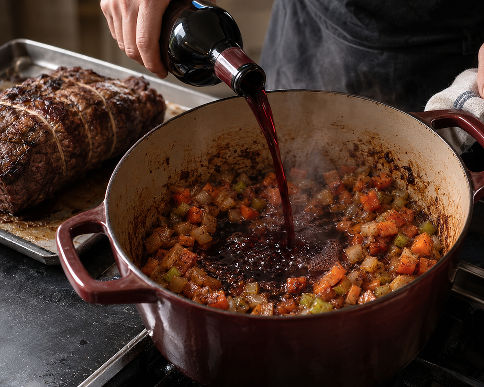 Fresh aromatic vegetables browning before reserved red wine is added and reduced