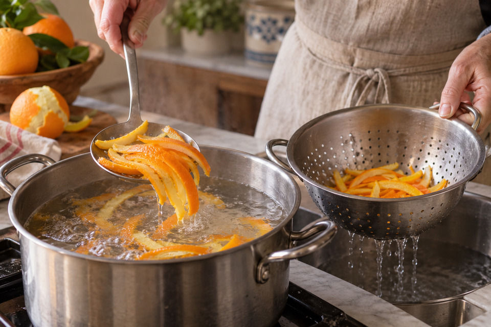 Blanching the peel in fresh water