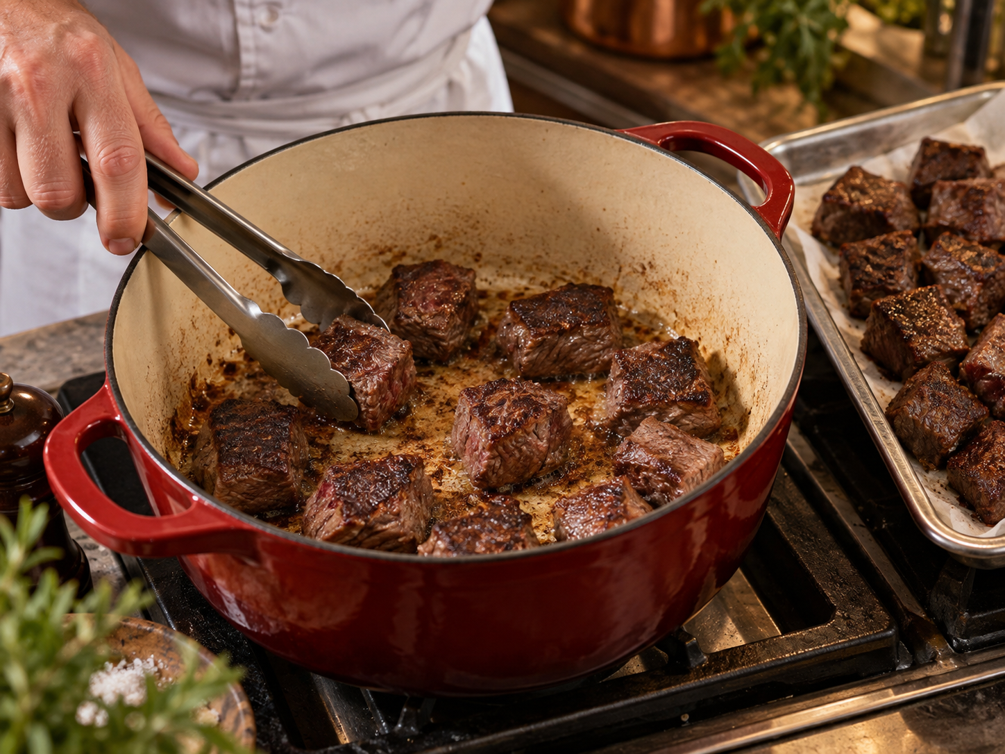 Gulasch Triestino step 2: browning the beef in batches to build the fond