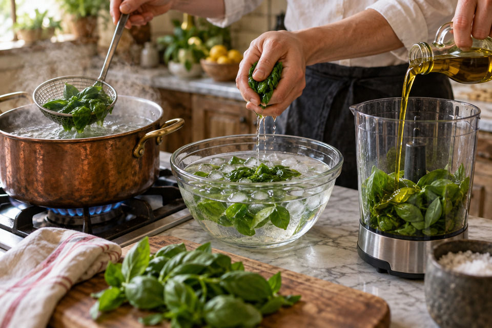 Blending the blanched basil into a bright green oil