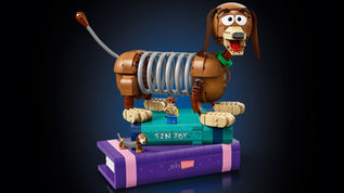 Official LEGO Disney 43301 Slinky Dog Bookends set image showing full brick-built Slinky Dog and Minifigures