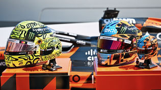 LEGO McLaren Formula 1 helmet sets 2026 teaser showing Oscar Piastri and Lando Norris brick-built helmets in papaya McLaren colours