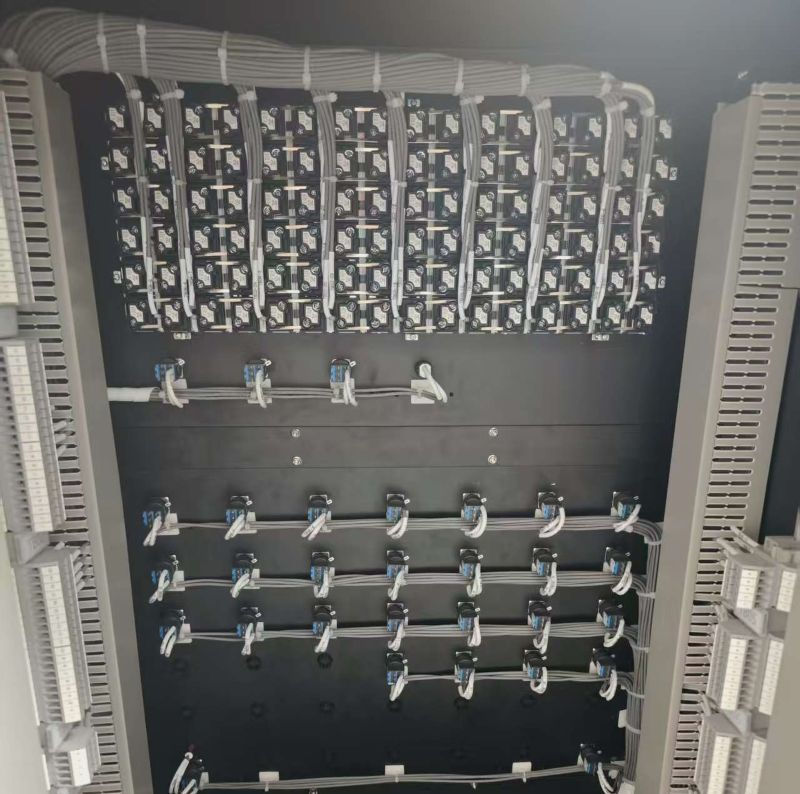 配线柜布线：菲尼克斯电气 DIN 导轨接线端子、施耐德断路器和伊顿 UPS 电源均经过精心布置。带有 EMC 密封接头的屏蔽双绞线确保无干扰运行。