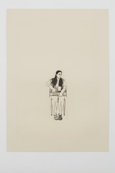 Drypoint, graphic sheet: Portrait of a woman sitting on a chair, holding a dish rack full of washed dishes. Lola Carlander Wade.
