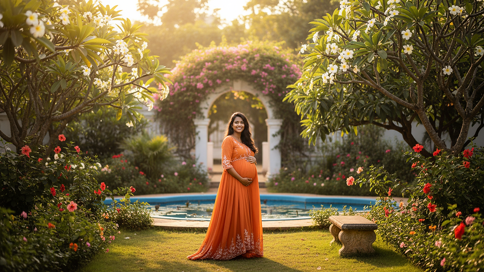 Eye-level view of a pregnant woman in a flowing dress standing in a sunlit garden