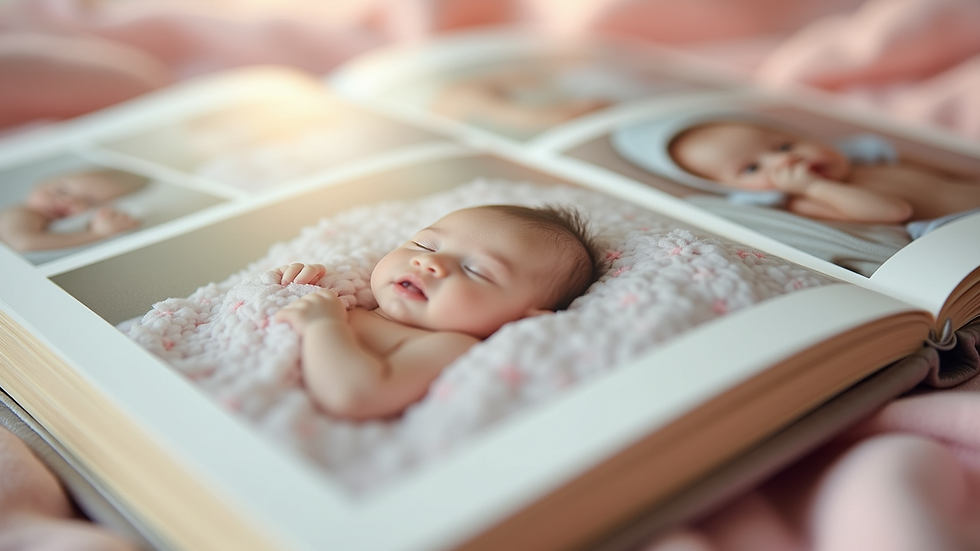 Close-up view of a beautifully arranged baby photo album with soft pastel colours