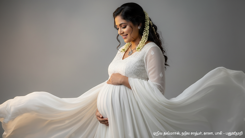 Close-up view of a pregnant woman in a flowing white gown against a soft grey studio backdrop