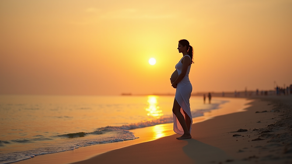 Eye-level view of a pregnant woman standing on a quiet Puducherry beach at sunset