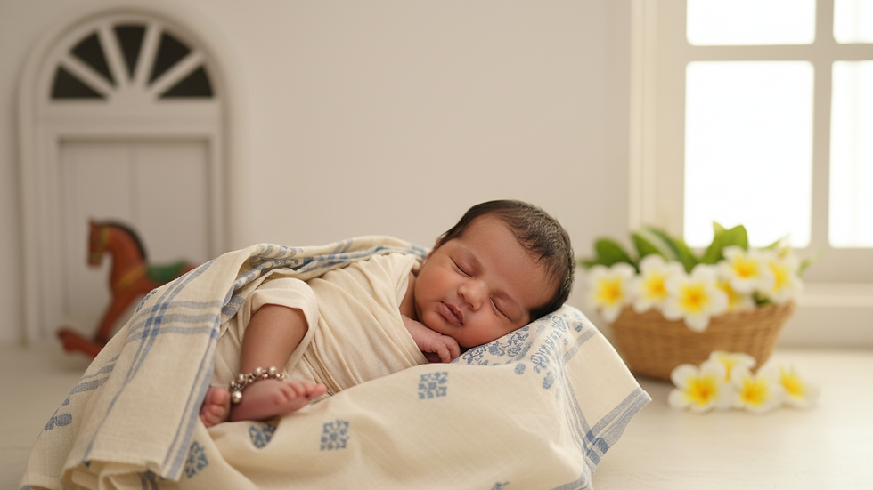 Close-up view of a baby wrapped in a soft blanket during a studio photoshoot