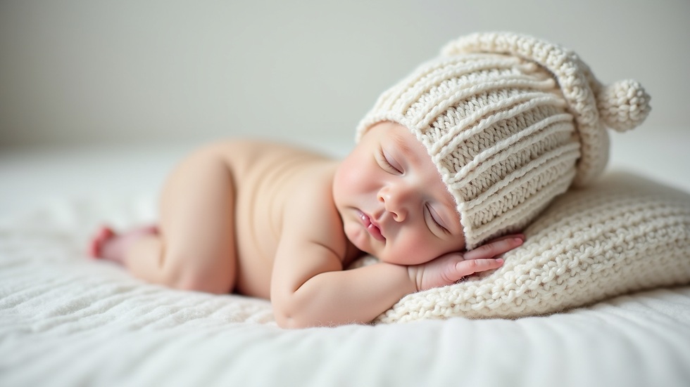 Eye-level view of a soft knitted baby hat and blanket on a white surface