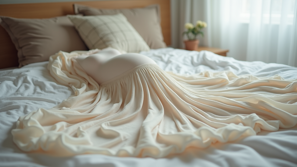 Close-up view of a soft flowing maternity dress laid out on a bed