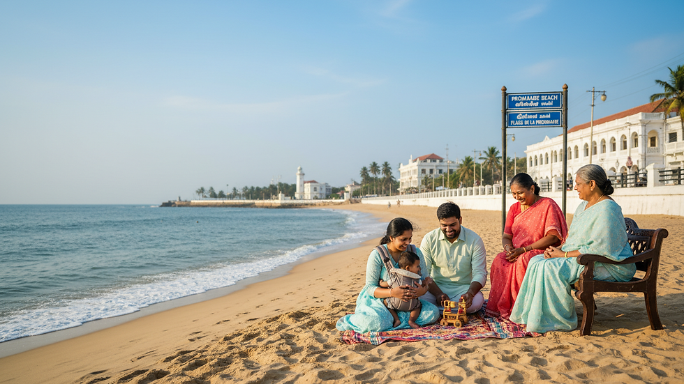 Eye-level view of sandy beach with gentle waves at Promenade Beach