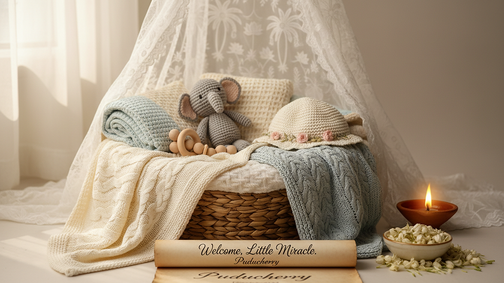 Close-up view of soft baby props and blankets arranged for a newborn photoshoot