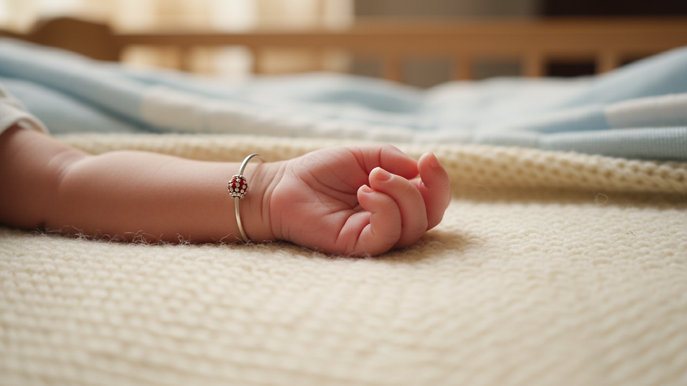 Close-up view of a newborn’s tiny hand resting on a soft cream blanket