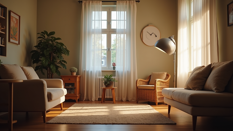Eye-level view of a cozy photography studio with soft lighting