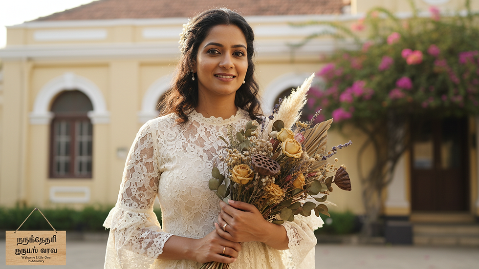 Close-up view of a woman in a vintage lace dress holding a bouquet of dried flowers