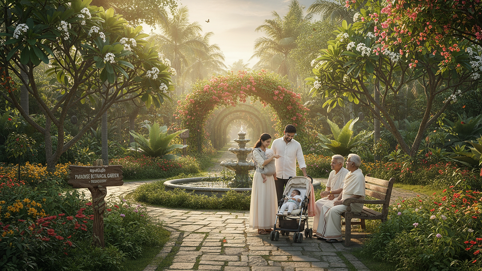 Eye-level view of a lush green botanical garden with soft sunlight