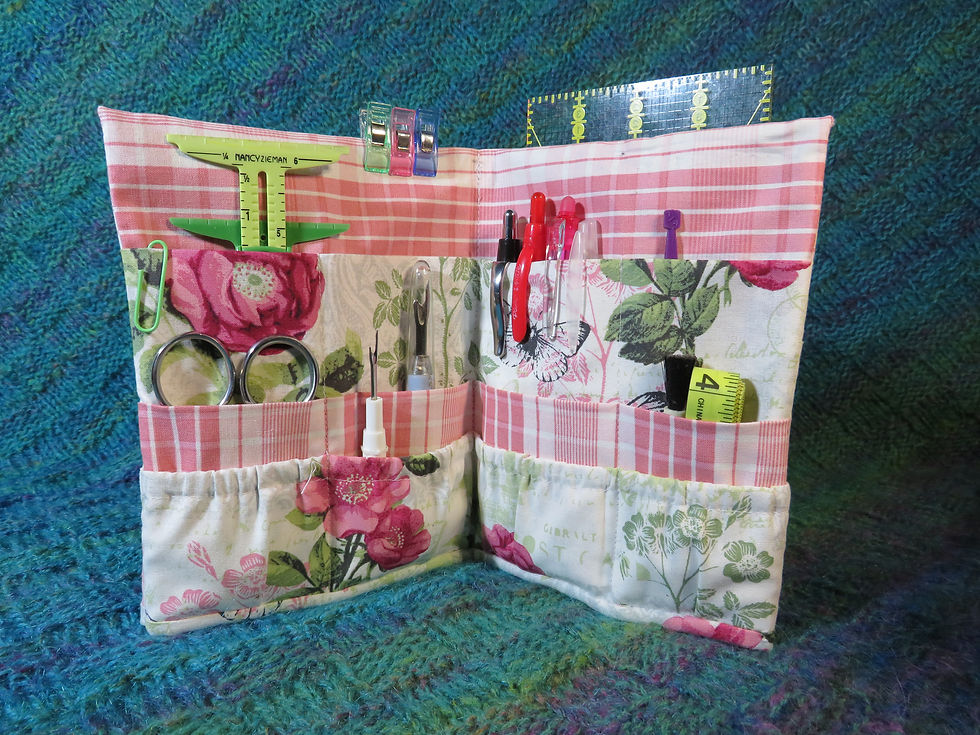 Close-up view of sewing pattern and fabric on table