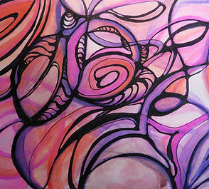 Abstract watercolor and ink painting featuring bold black curved lines and spirals over layered pink, purple, and peach washes.