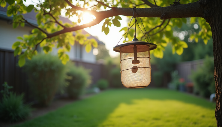 Eye-level view of a backyard with a mosquito trap hanging from a tree branch