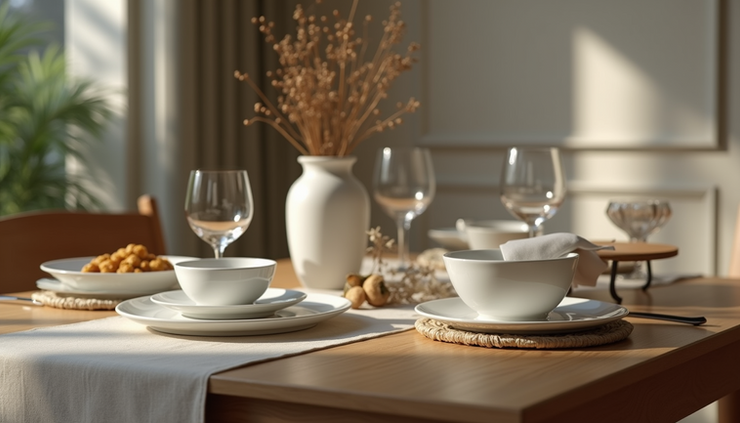Eye-level view of a beautifully set dining table with elegant dinnerware and serve ware