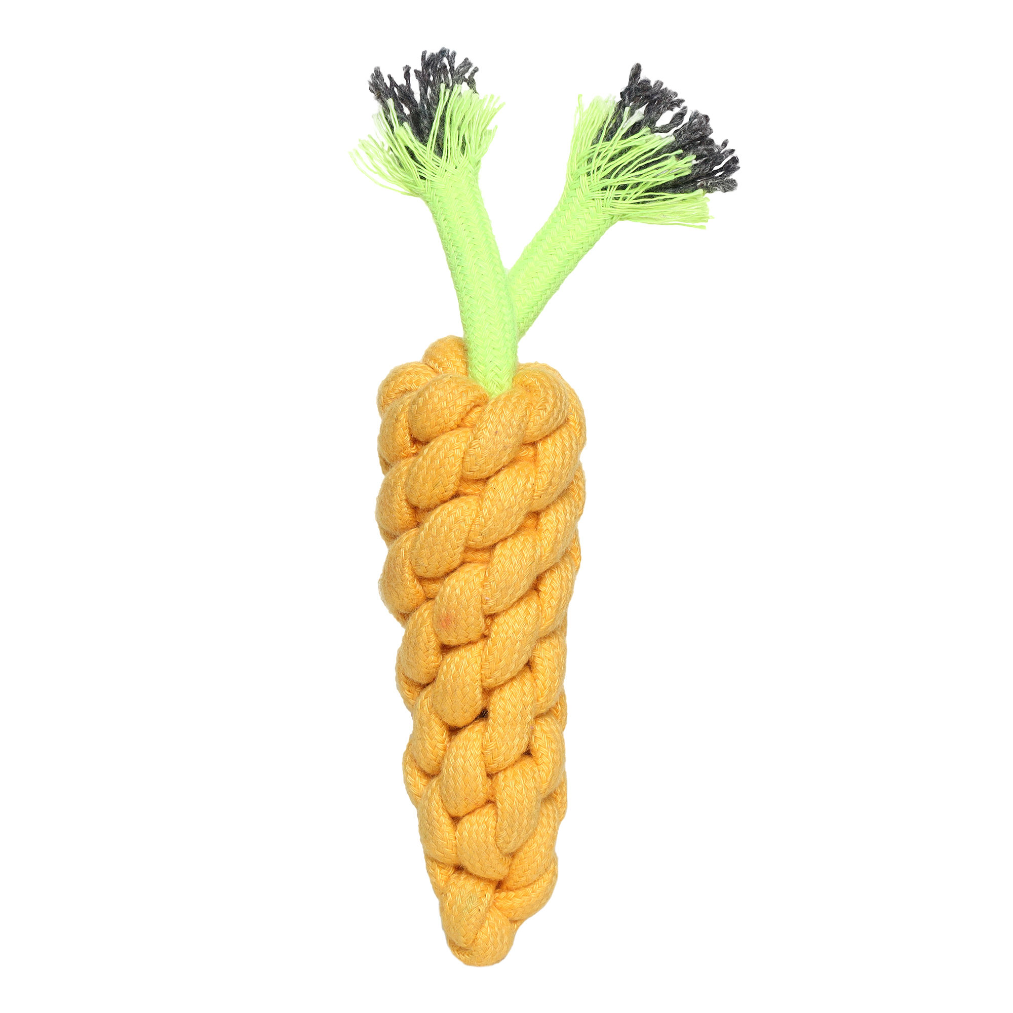 Carrot Dog Rope Toy | Yellow Braided Cotton | Pet Chew Toy with Green Leaves