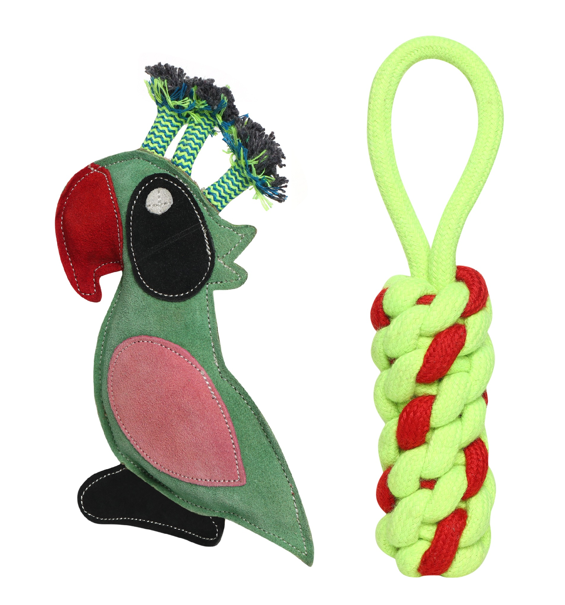 Parrot with Rope & Rope Corn Dog Toy Combo | Interactive Chew & Tug Toys