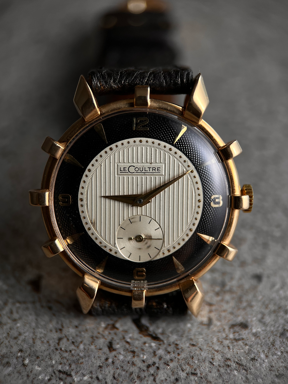 LeCoultre Helm Vintage Watch 14Kt Rose Gold Black and White Guilloche Dial